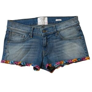 Vice Stretch Low Rise Lace Trim Distressed Denim Shorts